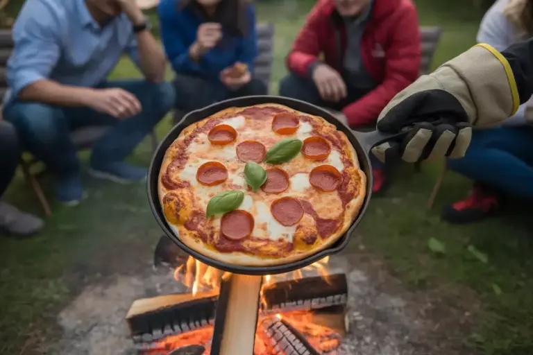 Cast Iron Pizza Perfection Campfire Crispy Crust Melted Cheese Pepperoni Outdoor Cooking Adventure
