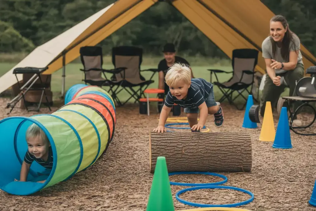 Child Completing Camping Obstacle Course With Tunnel Balance Beam And Jump Zones