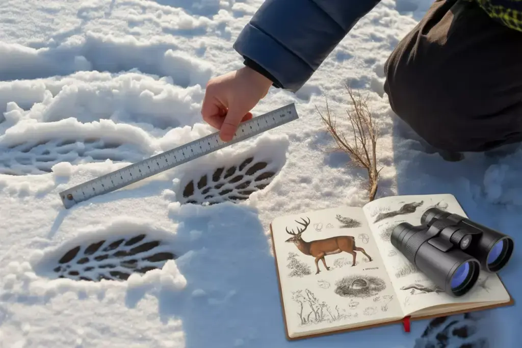 Child Measuring Deer Tracks In Snow With Observation Journal And Measuring Tools
