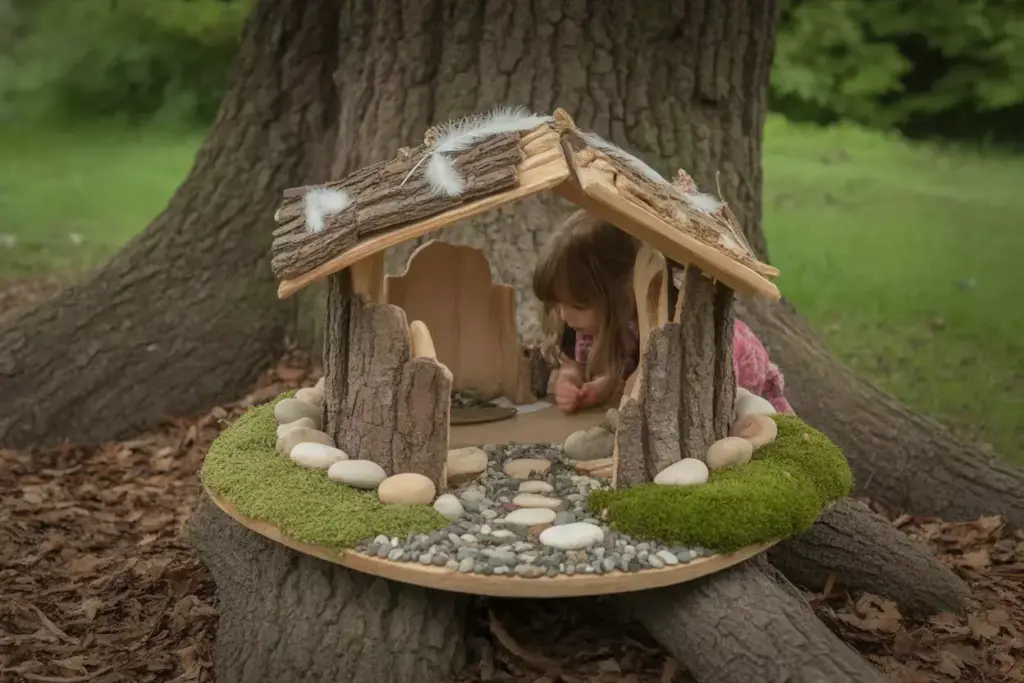 Children Building Fairy House With Natural Textures At Tree Base