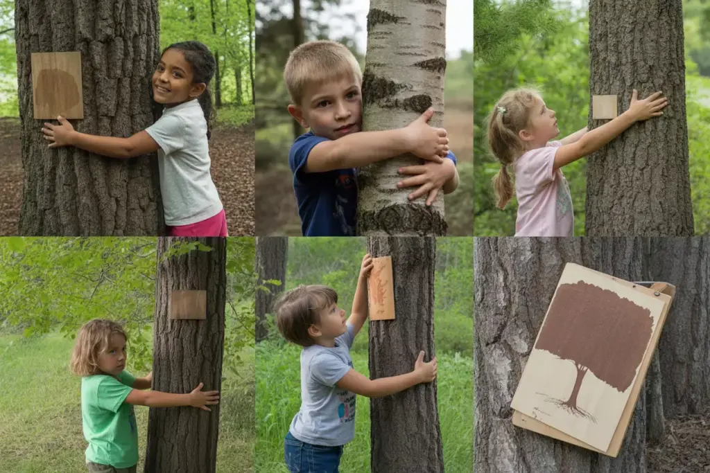 Children Hugging Trees Making Bark Rubbings Identifying Forest Species