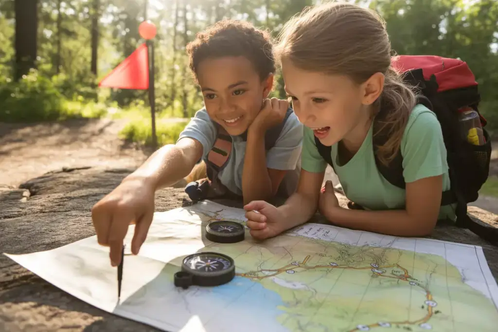 Children Using Compasses And Maps During Forest Orienteering Adventure With Waypoints