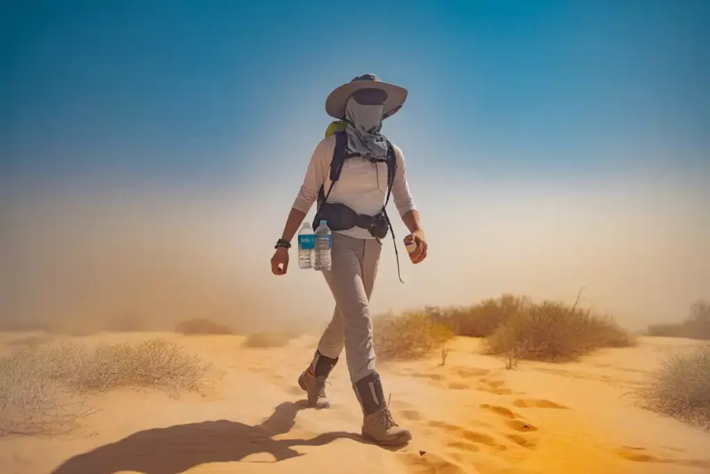 Person in sun-protective clothing walks through a sandy desert, carrying water bottles and wearing a wide-brim hat.