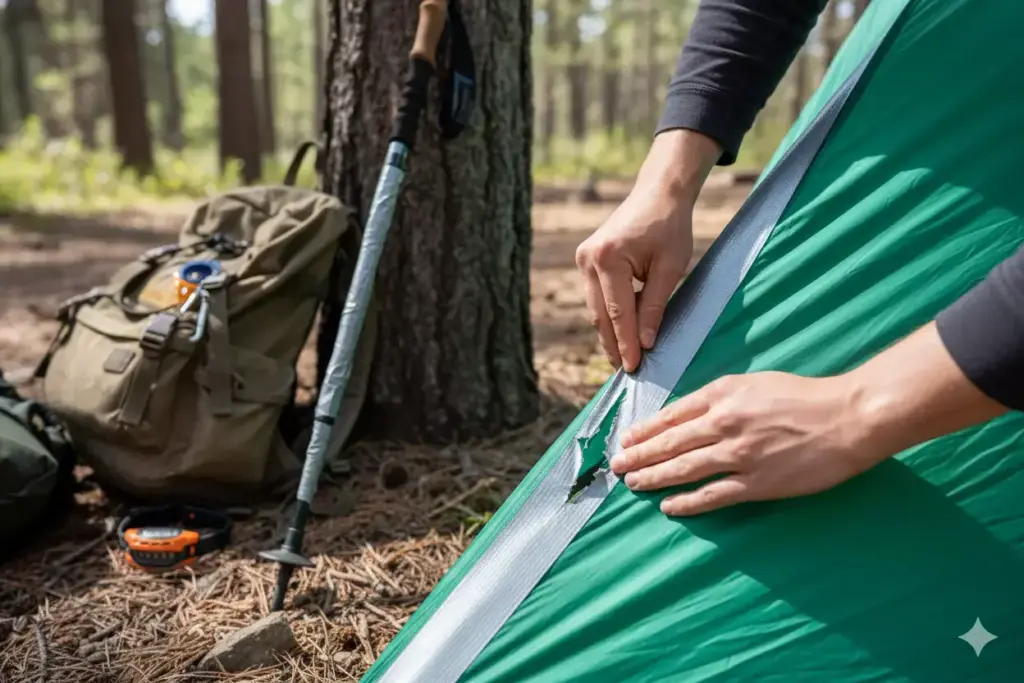 Person zipping up a green tent in a forest with a backpack and hiking stick nearby.
