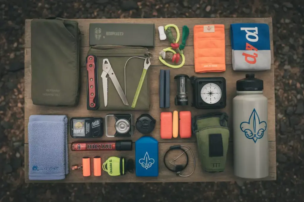Flat lay of organized camping gear and tools, including a water bottle, compass, knife, towel, and flashlight.
