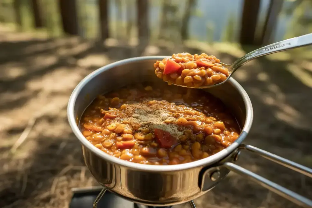 4 Hearty Lentil Power Stew With Tomatoes Spices Cooking On Camp Stove