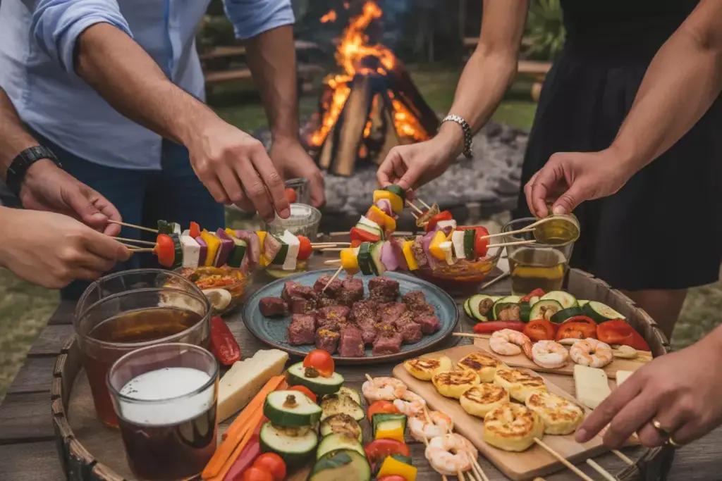 4 Interactive Skewer Station With Meat Seafood And Vegetables For Guest Customization
