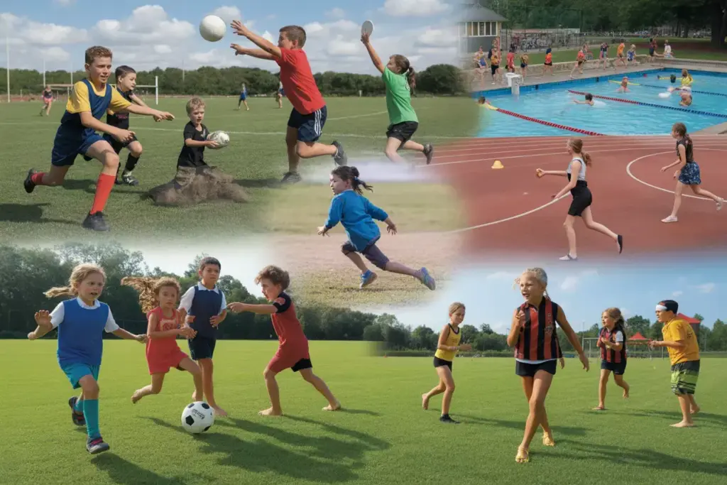Kids Playing Soccer Ultimate Frisbee And Swimming At Summer Camp Sports Field