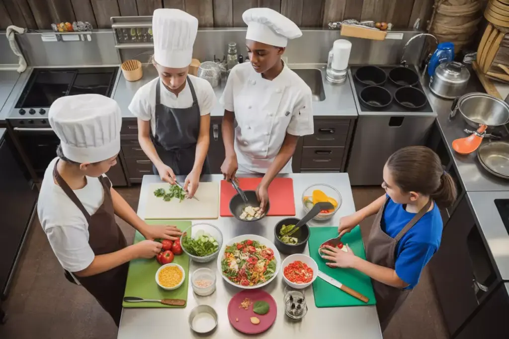 Kitchen Brigade System With Young Campers In Roles Preparing A Team Meal At Summer Camp