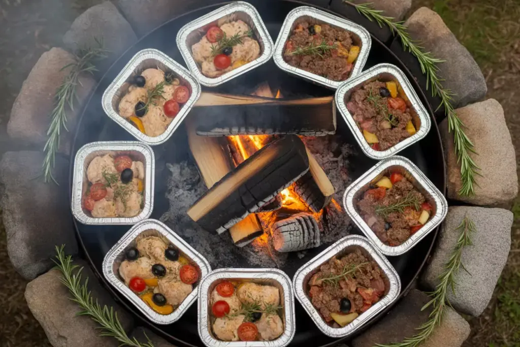 Mediterranean Chicken And Hobo Foil Packets Arranged Around Fire Pit