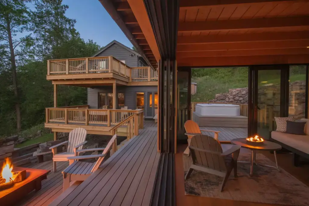 Resort Cabin With Multi Level Deck Featuring Observation Area Fire Pit And Hot Tub