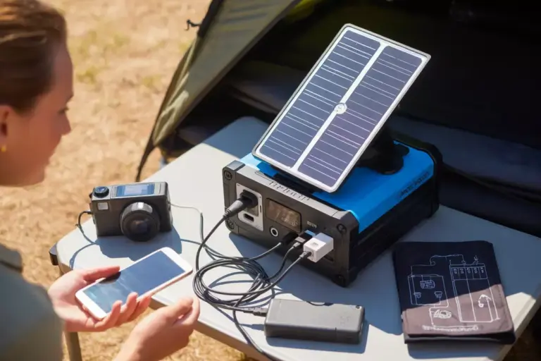 A person charges devices using a portable solar generator set up on an outdoor table near a tent.