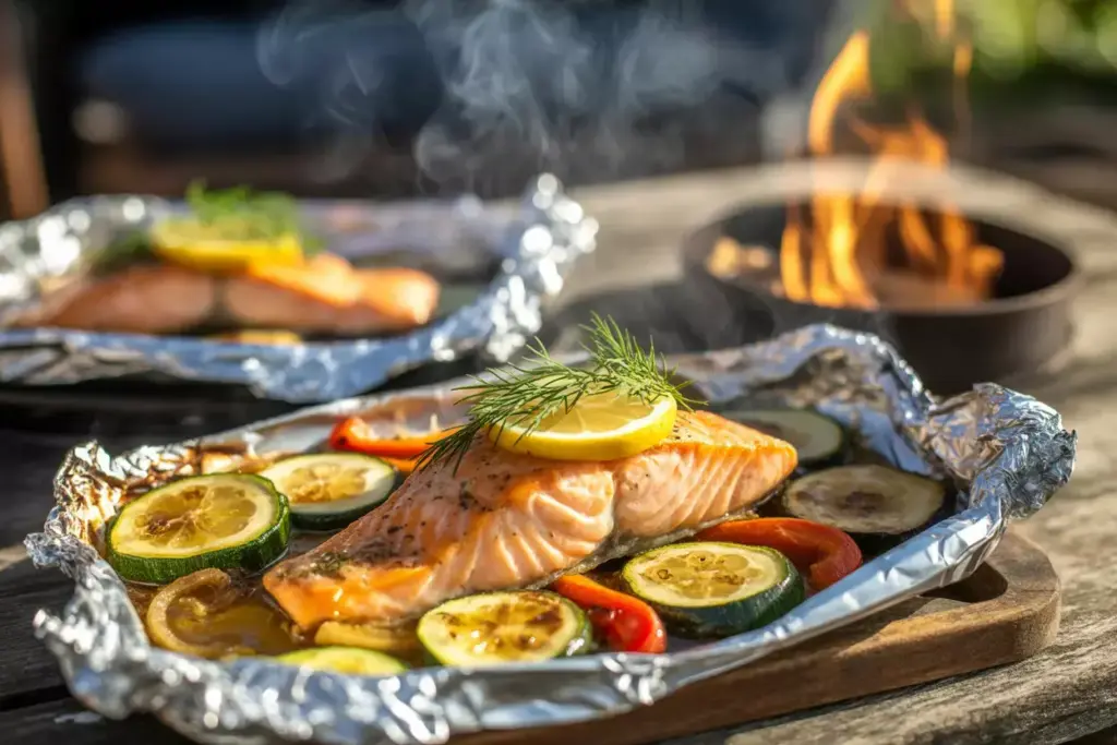 4 Steaming Foil Packet Opened To Reveal Salmon And Vegetables In White Wine Sauce