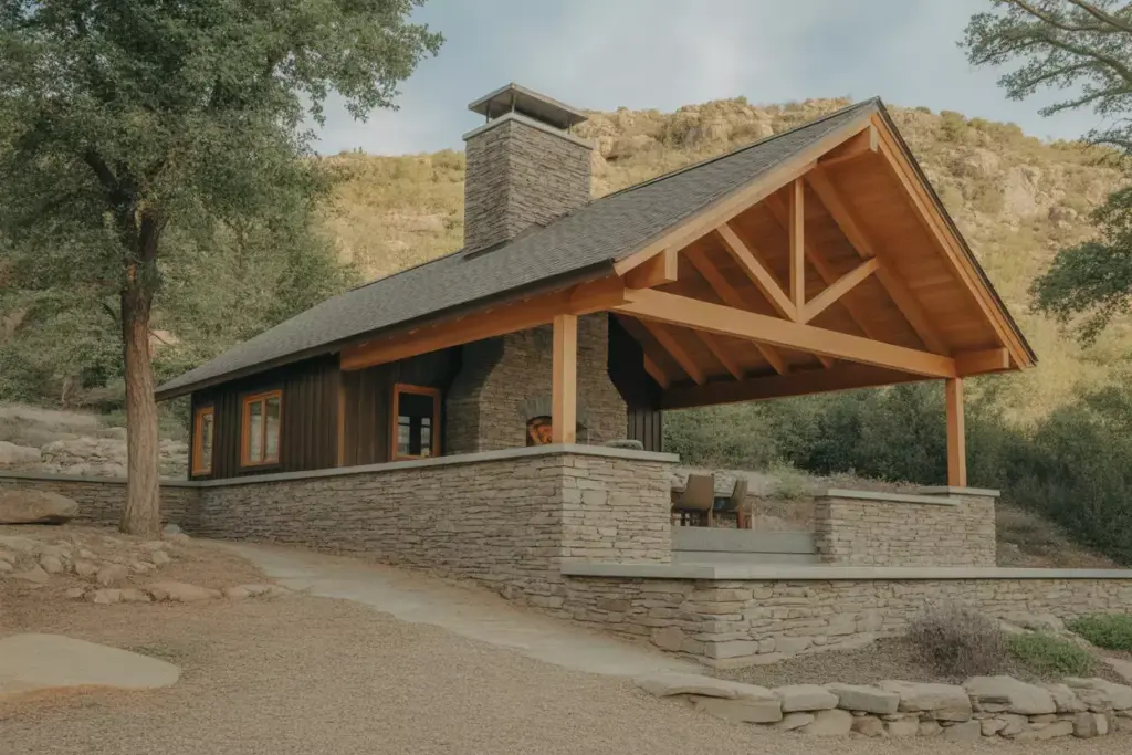 Stone And Timber Cabin With Fieldstone Foundation And River Rock Chimney