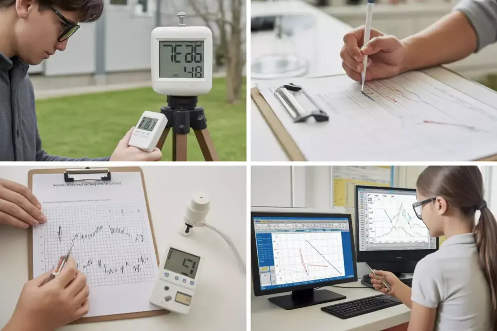 Students Operating Weather Station Instruments And Recording Meteorological Data At School Lab