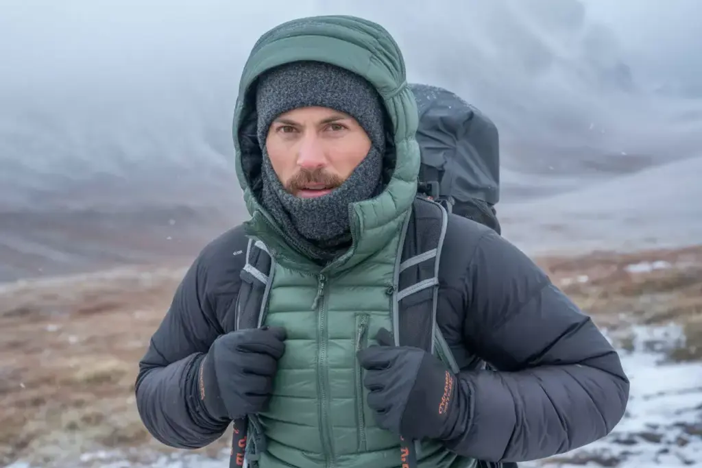 A man in winter hiking gear stands outside in a snowy, foggy landscape with a backpack.