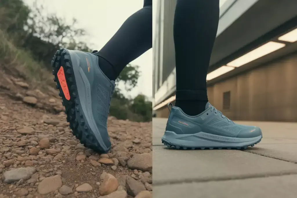 Split image of blue trail running shoes: one foot on rocky ground, the other on smooth pavement.