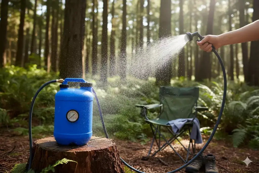 A person sprays water from a blue portable tank in a forest campsite with a chair in the background.