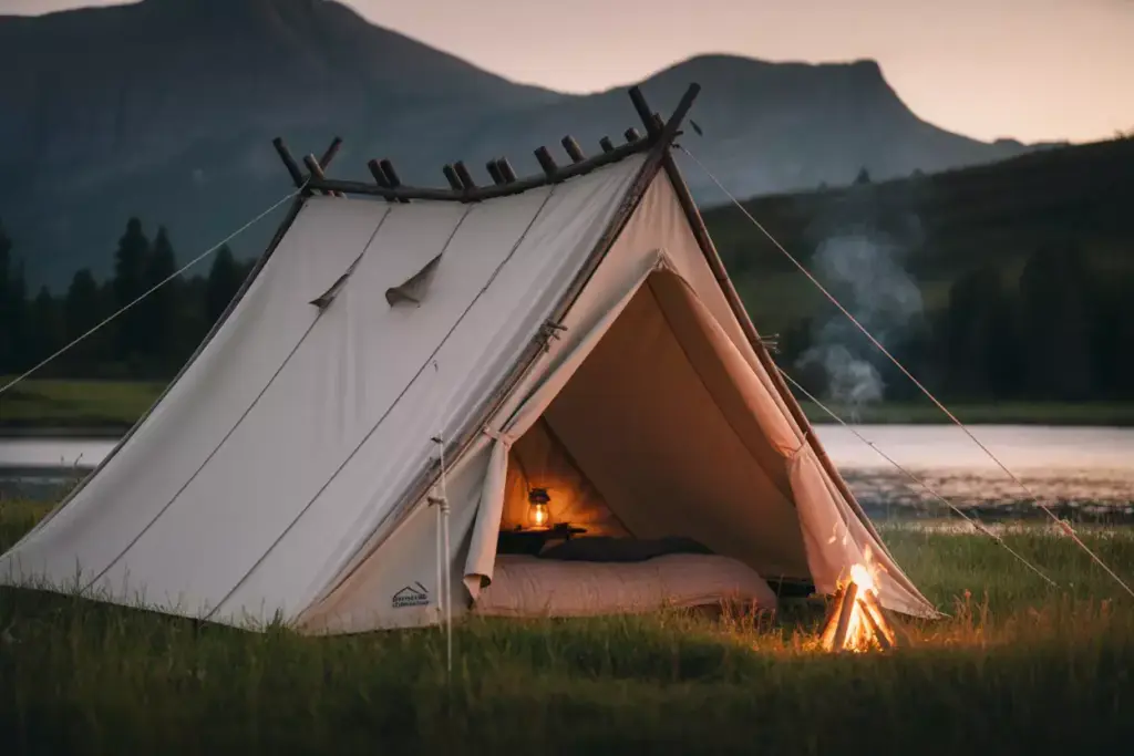 A canvas tent with a lit lantern stands by a calm lake and campfire at sunset, with mountains in the background.