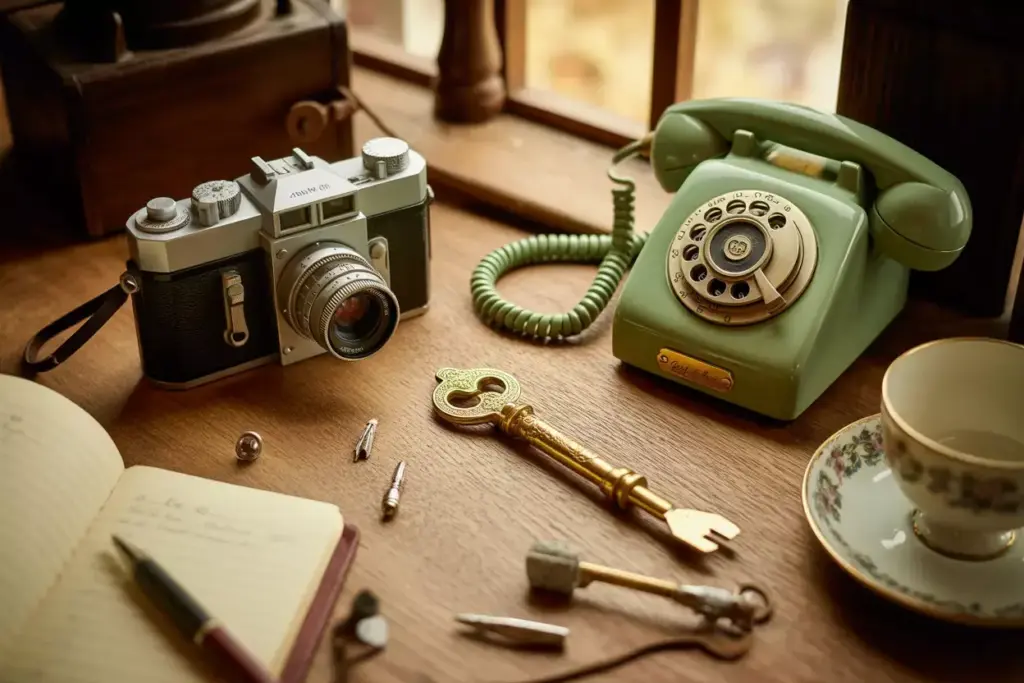 A vintage camera, rotary phone, large ornate key, and open notebook on a wooden desk by a window.