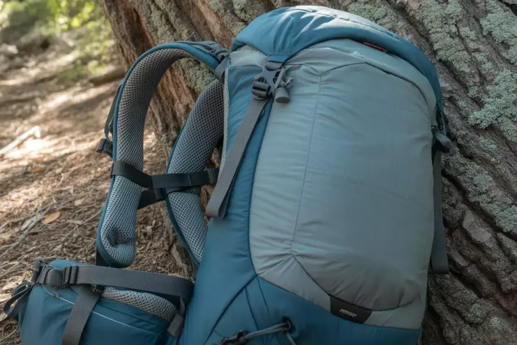 Blue hiking backpack resting against a tree trunk in a forest setting, with sunlight filtering through.