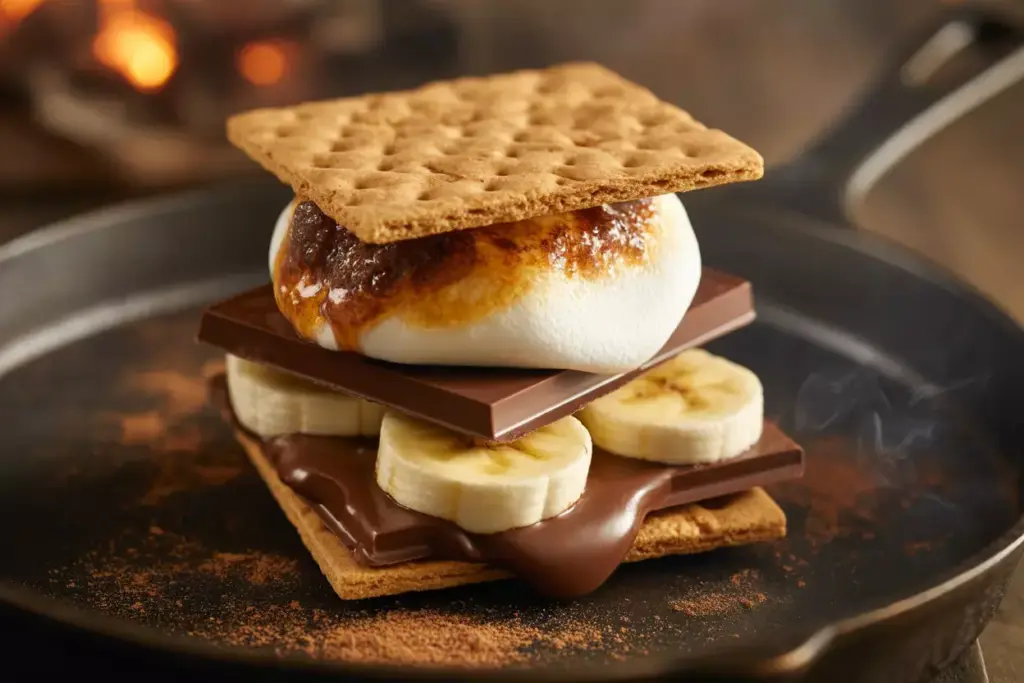 Banana Foster Smore With Caramelized Banana And Dark Chocolate On Cast Iron