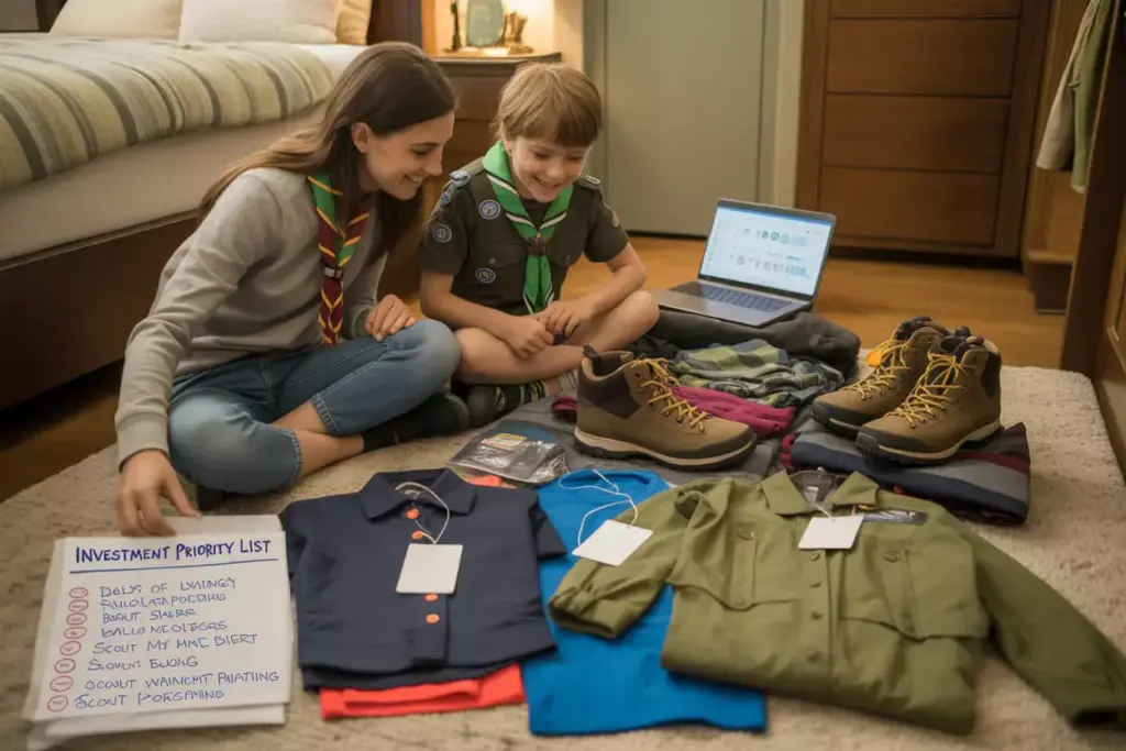Two scouts sit on the floor, smiling at outdoor clothing, boots, and a priority list for scouting activities.