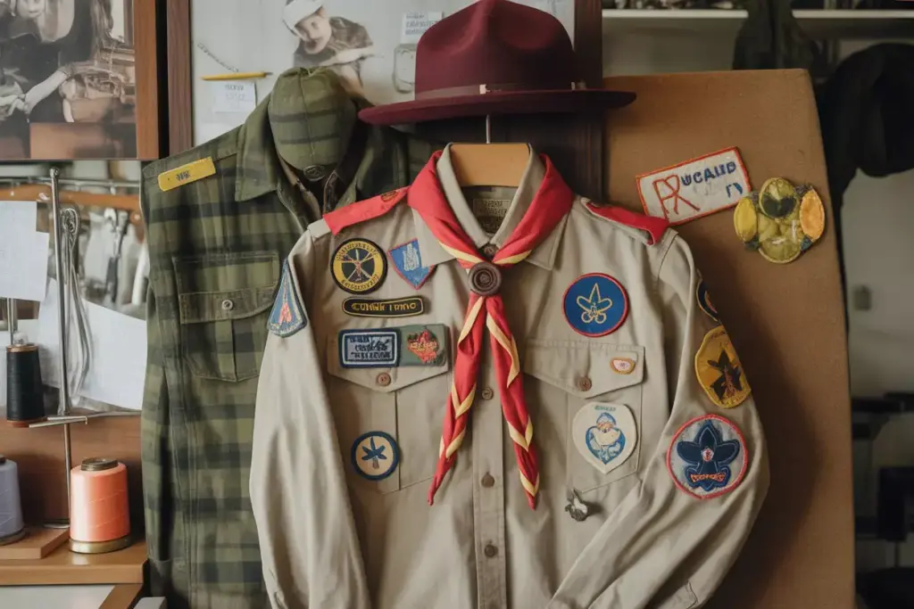 Boy Scout uniform with badges and hat displayed next to a green plaid shirt on a hanger in a room.