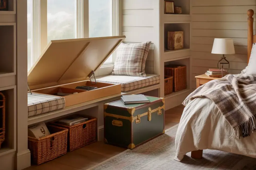 Cabin Bedroom With Built In Window Seat Storage Baskets And Vintage Trunk