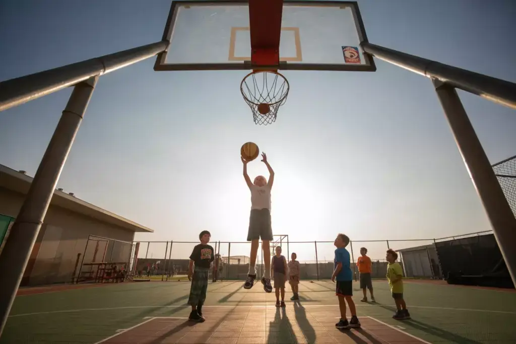 Camp Basketball Age Appropriate Lowered Hoop Kids Practicing Shooting Techniques