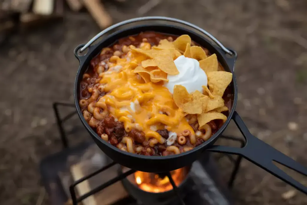 5 Campfire Chili Mac Supreme With Cheese Corn Chips In Camping Pot
