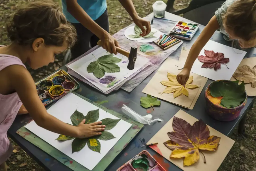 Children Creating Leaf Prints Using Paint Rubbing And Hammer Techniques At Outdoor Craft Station