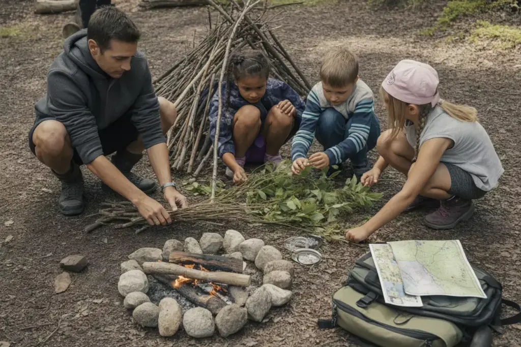 Children Learning Survival Skills Building Debris Hut With Adult Supervision In Forest