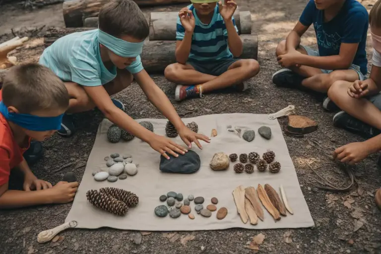 Children Playing Blindfolded Texture Matching Game Around Campfire