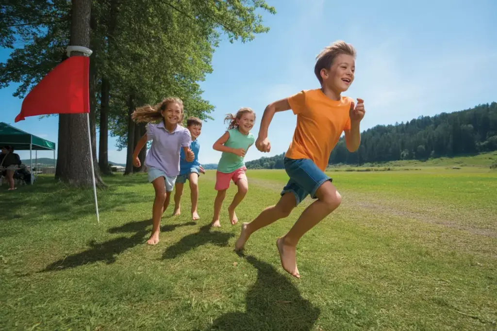 Children Playing Capture The Flag In Sunny Meadow Near Forest