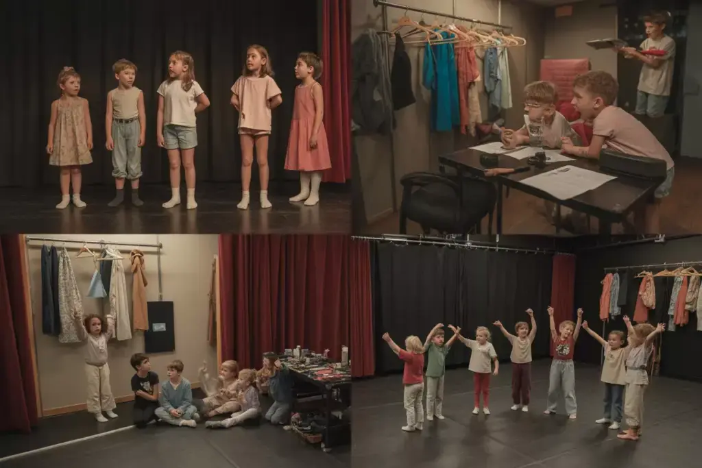 Children Rehearsing Costumes And Improv Games In Camp Theater Setting