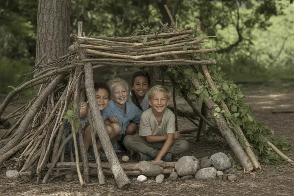 Children Showcasing Natural Fort Built From Branches And Leaves In Forest