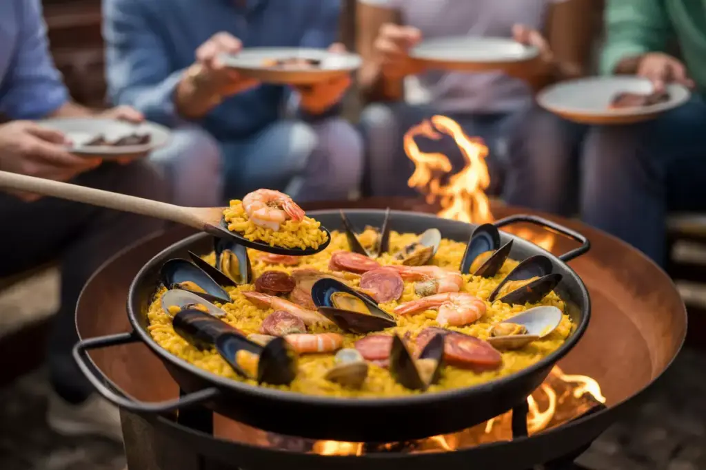 5 Colorful Paella In Cast Iron Skillet With Seafood And Chorizo Over Fire Pit