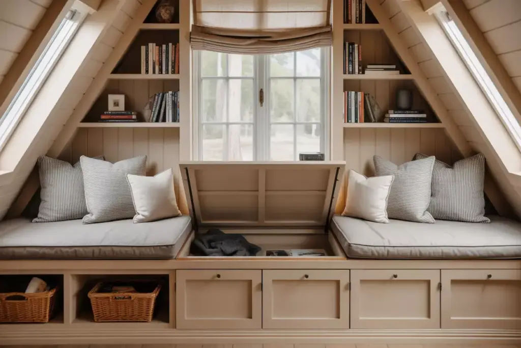 Custom Built In Window Seat With Hidden Storage In A Frame Cabin Corner