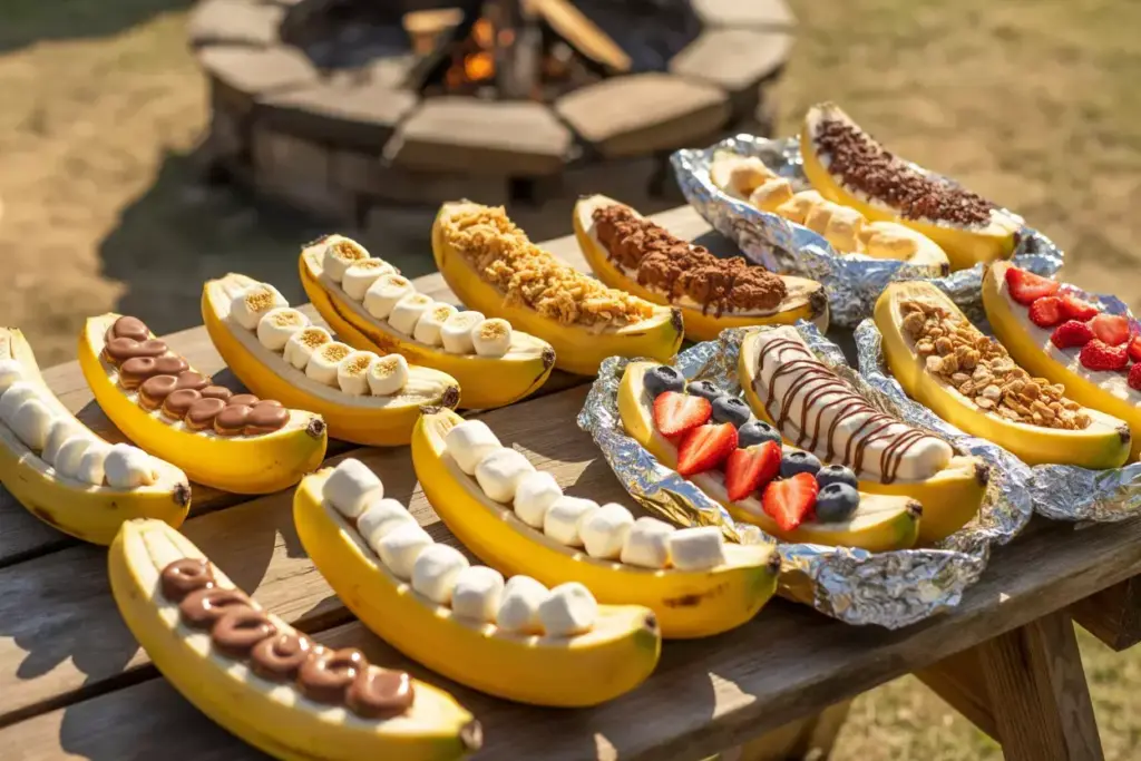 5 Customizable Banana Boats With Chocolate Coconut And Berry Fillings In Foil