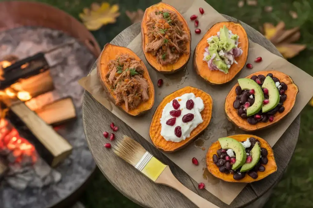 5 Grilled Sweet Potato Rounds Toppings Pulled Pork Goat Cheese Black Beans Autumn Bonfire