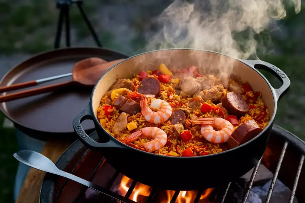 One Pot Jambalaya With Sausage Shrimp Chicken Campfire Cooking