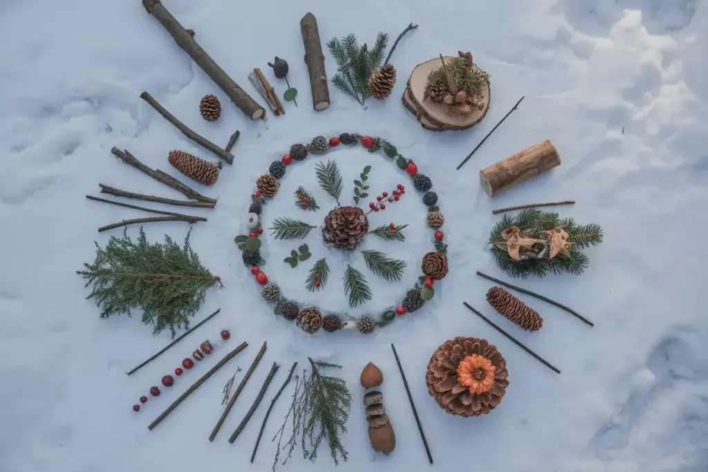 Overhead View Of Snow Mandala And Natural Crafting Materials In Winter Forest Setting