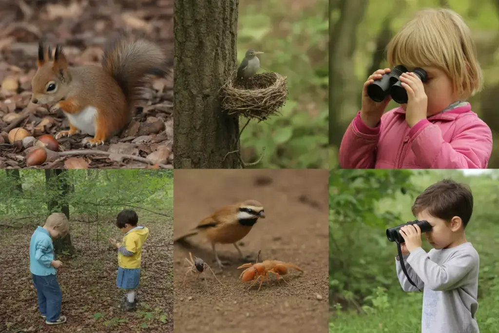Preschoolers Using Magnifiers To Observe Squirrels Birds Insects In Forest