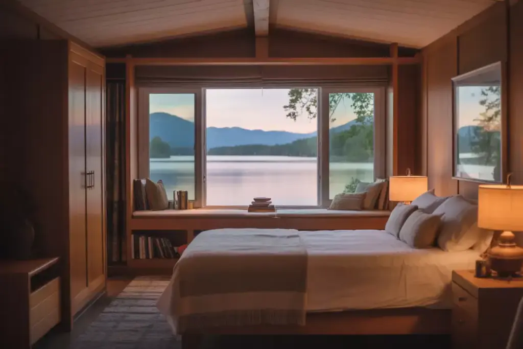 Resort Cabin Master Bedroom With Bed Facing Large Window And Reading Nook