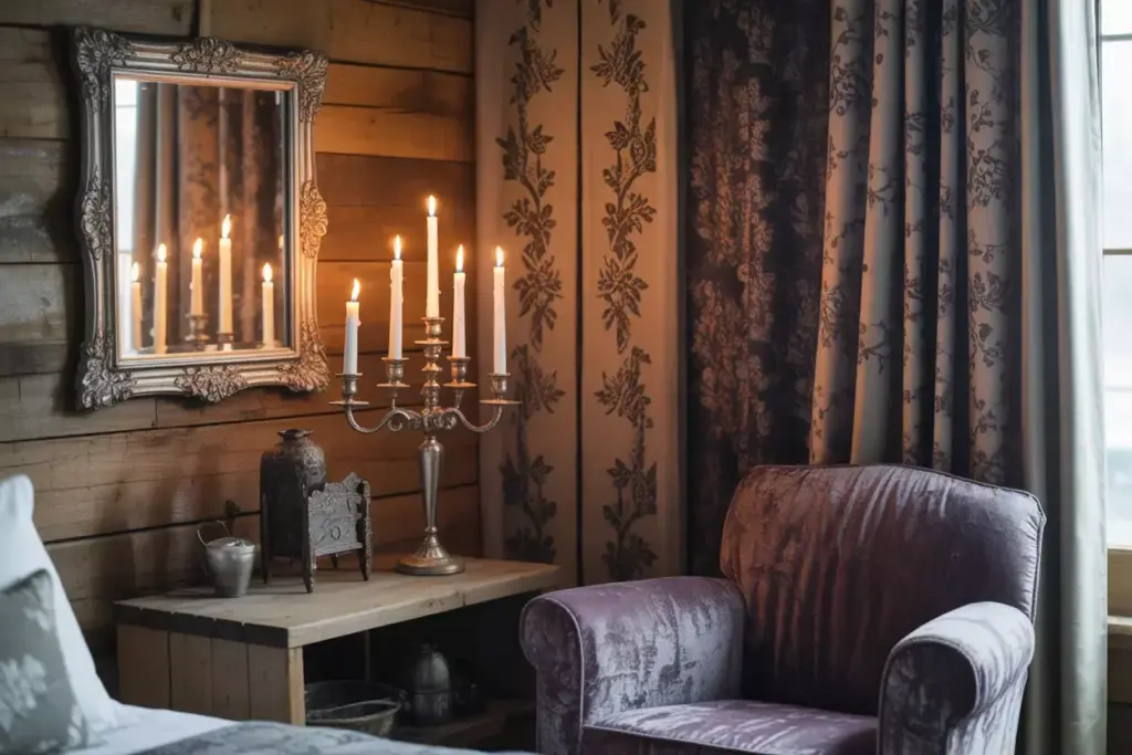 Rustic Gothic Bedroom With Reclaimed Wood Candelabra And Lace Curtains