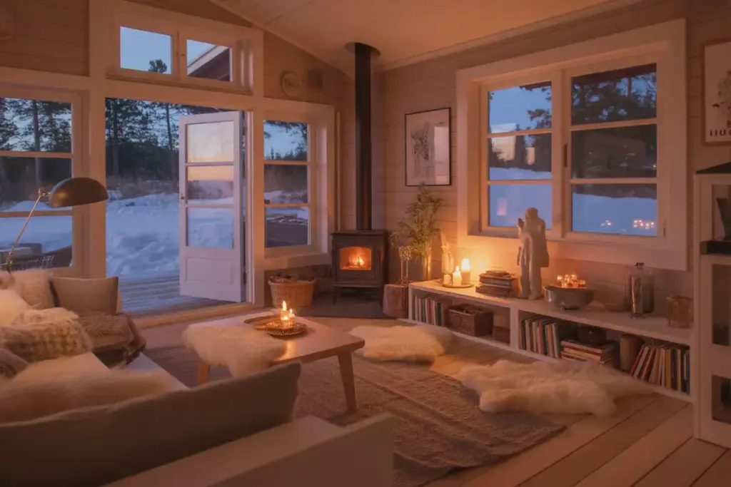 Scandinavian Hygge Cabin Interior With Wood Stove And Natural Light Wood Finishes