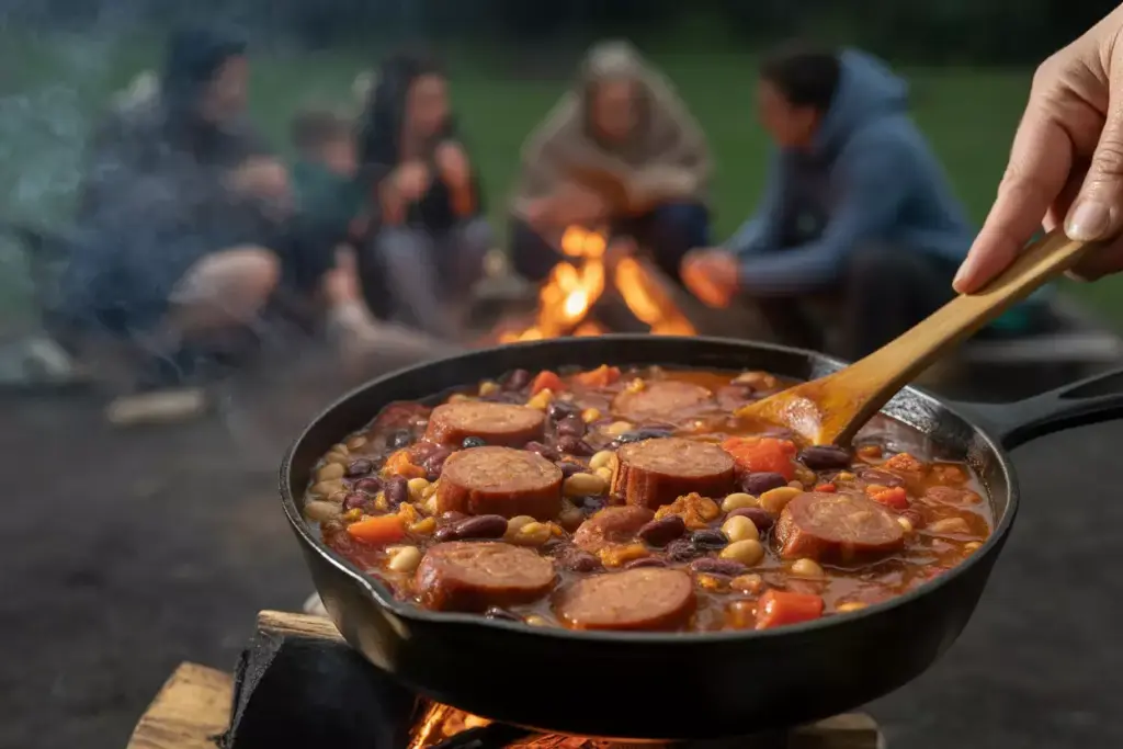 Smoky Sausage Bean Stew Cast Iron Campfire Hearty Protein Rich Comfort Food Outdoor Cooking
