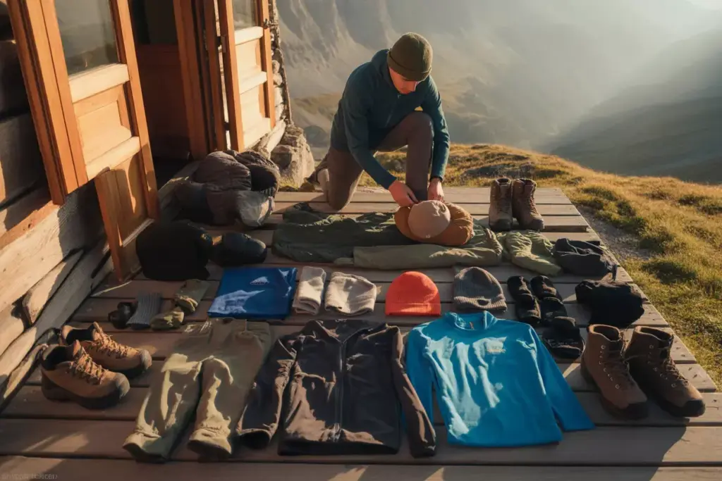 Person organizing hiking gear and clothes on a wooden deck with mountains in the background.