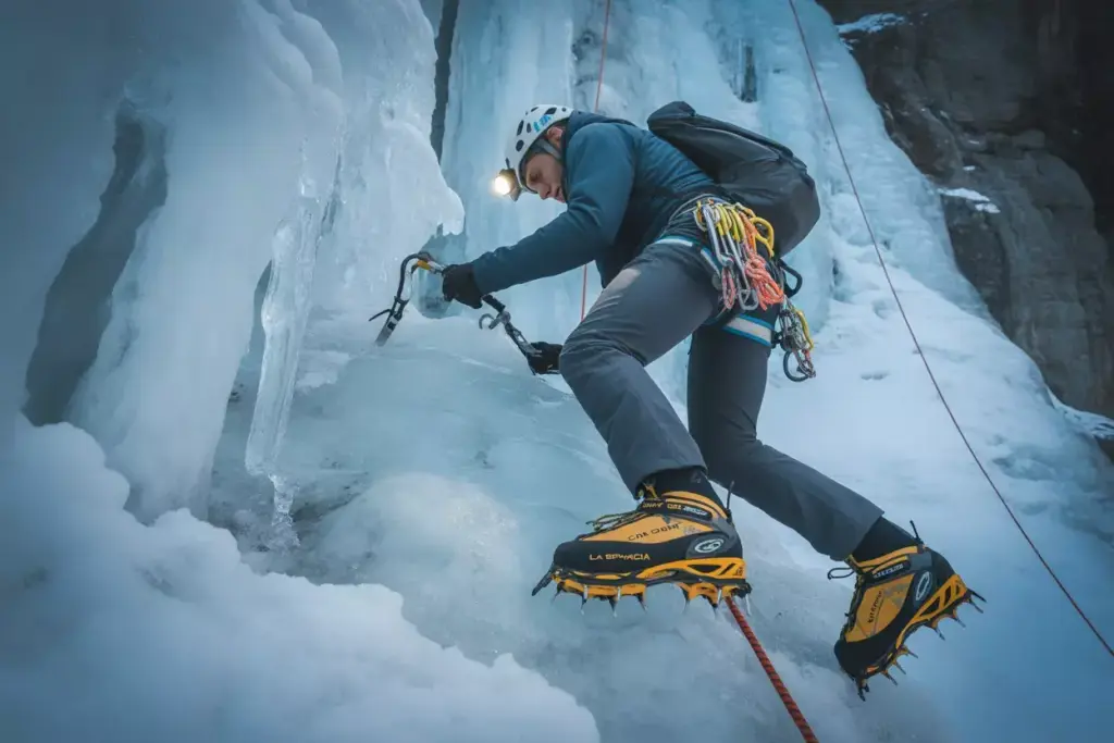 A climber wearing crampons and using ice axes ascends a frozen waterfall with safety ropes and gear.